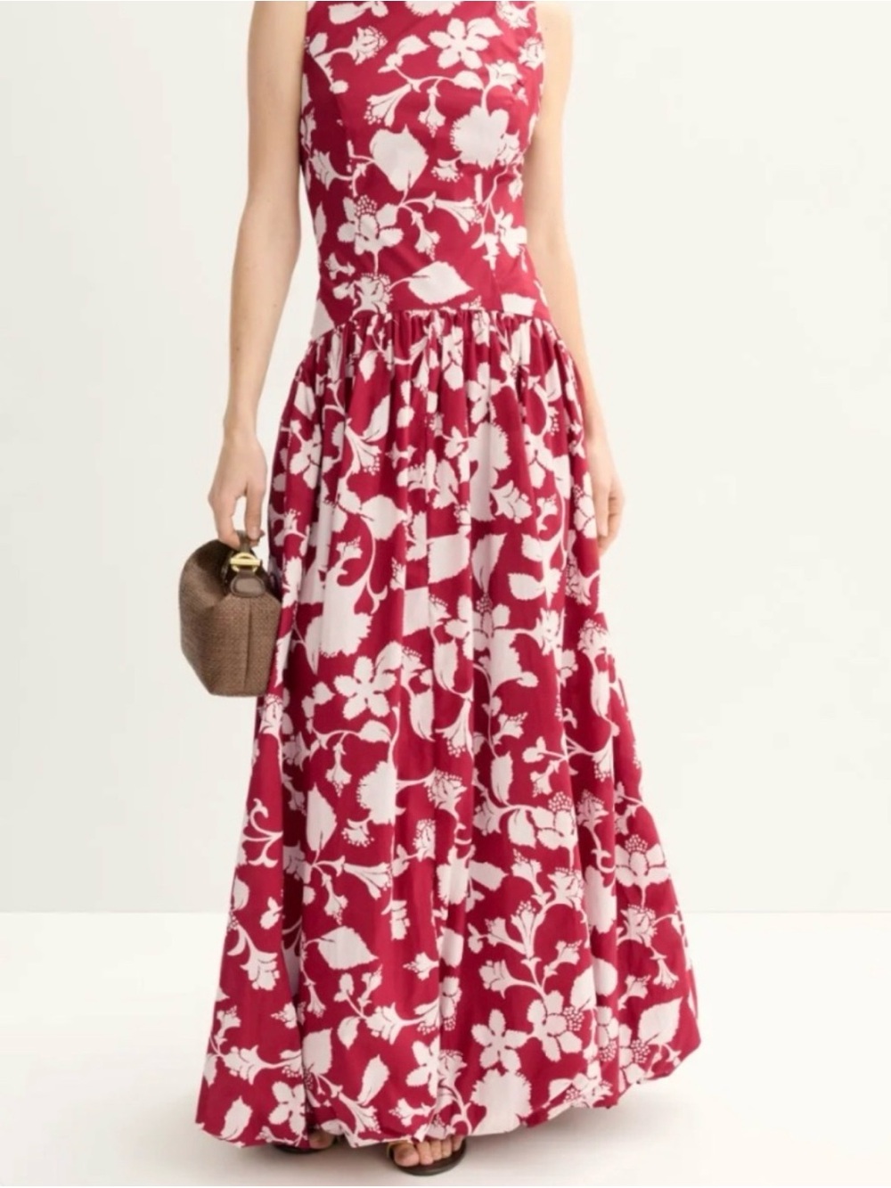 Red Floral Maxi Dress with White Botanical Print